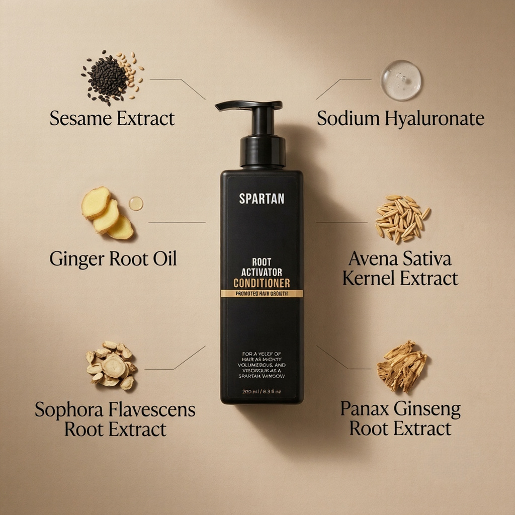 Spartan Root Activator Conditioner surrounded by sesame, sodium hyaluronate, ginger root oil, oat kernel, Sophora, and Panax ginseng ingredient callouts