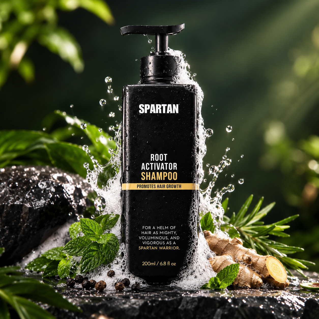 Spartan Root Activator Shampoo with mint, ginger, rosemary, and water droplets in a green botanical setting