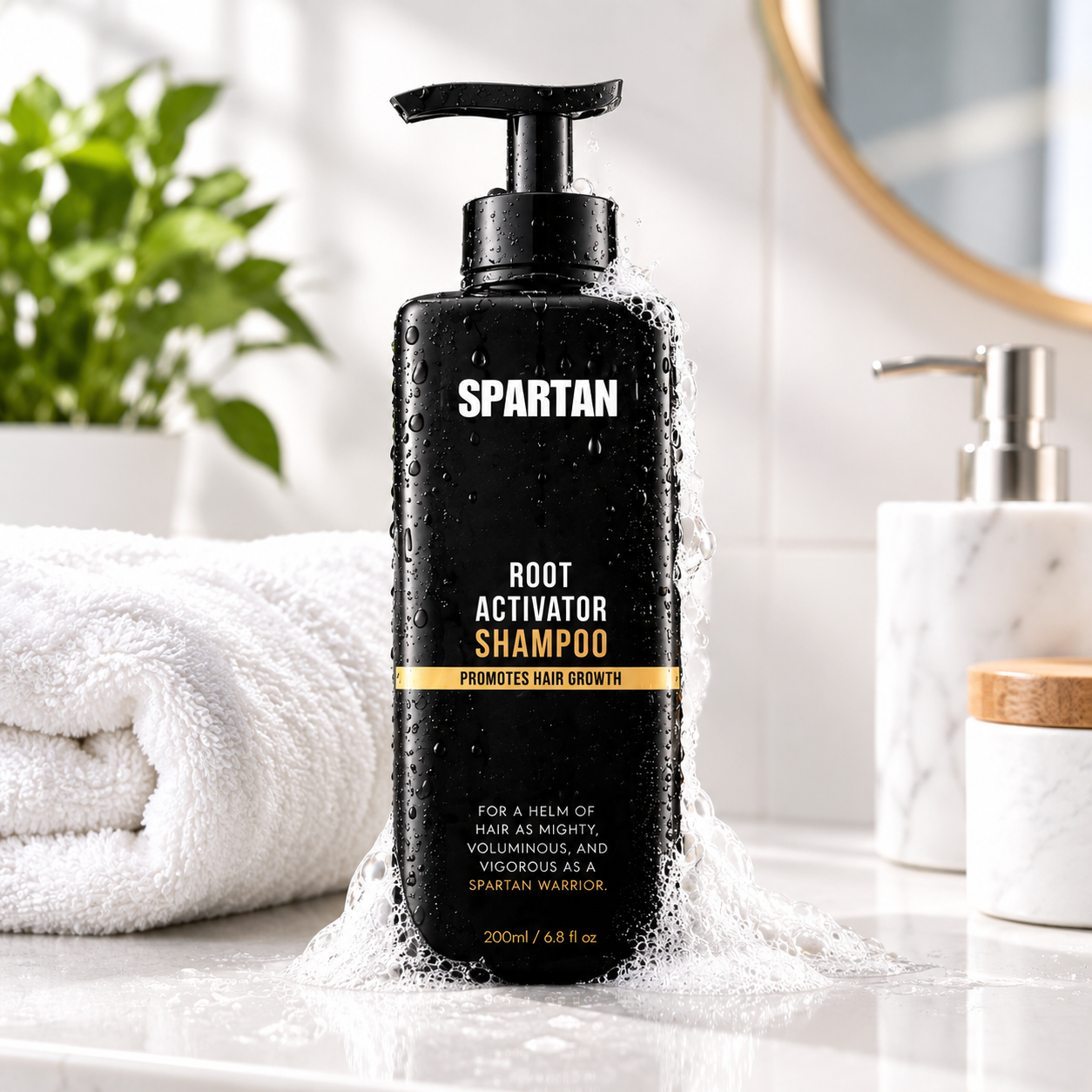 Spartan Root Activator Shampoo standing on a clean bathroom counter beside white towels and a green plant